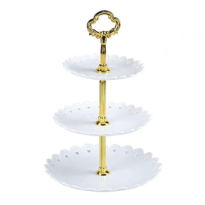 Three Tier Cake Stand Gold Tone With White Plates For Desserts And Cupcakes – view 1