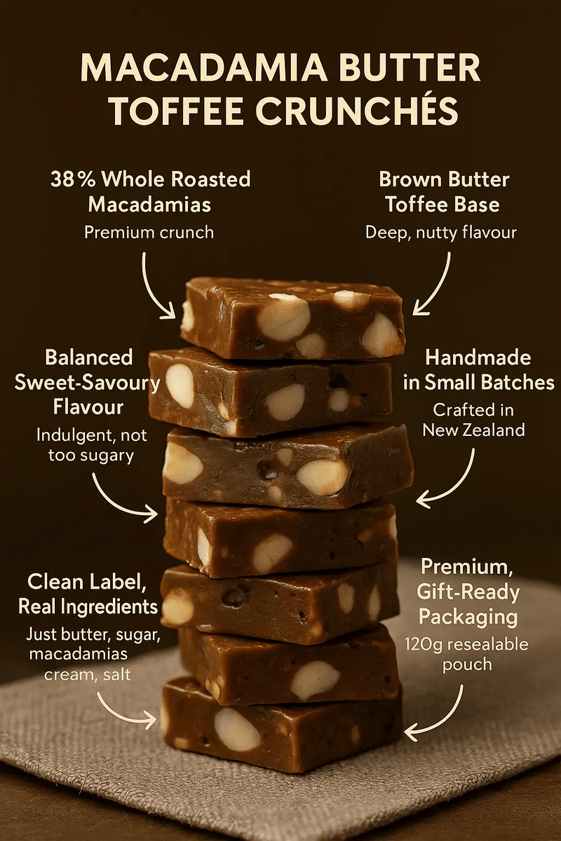 Lowrey Foods NOUGAT Lowrey Macadamia Butter Toffee Crunché 8 Pack | NZ Gift Set Lowrey Macadamia Butter Toffee Crunché 8 Pack | NZ Gift Set