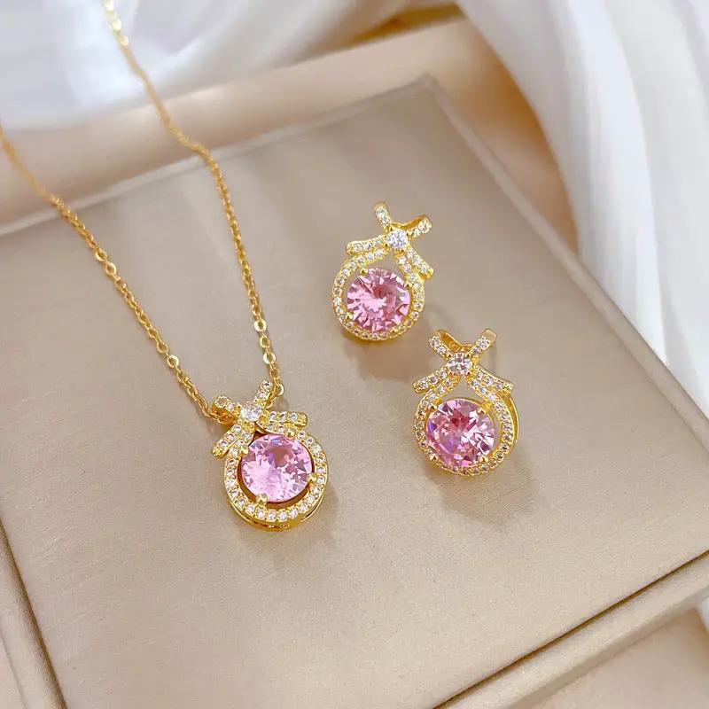 Poppy Gifts Jewellery Rosabelle Pink Crystal Gold Necklace & Earrings Set Rosabelle Pink Crystal Gold Necklace & Earrings Set