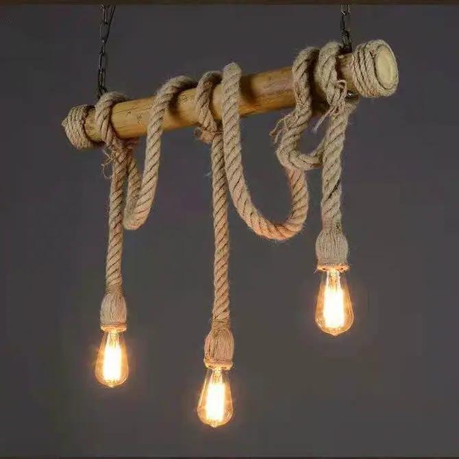 salelink.co.nz Unbranded Bamboo Rope Hanging Pendant Light 3 Heads Natural Bamboo Rope Pendant Light Three Heads E27