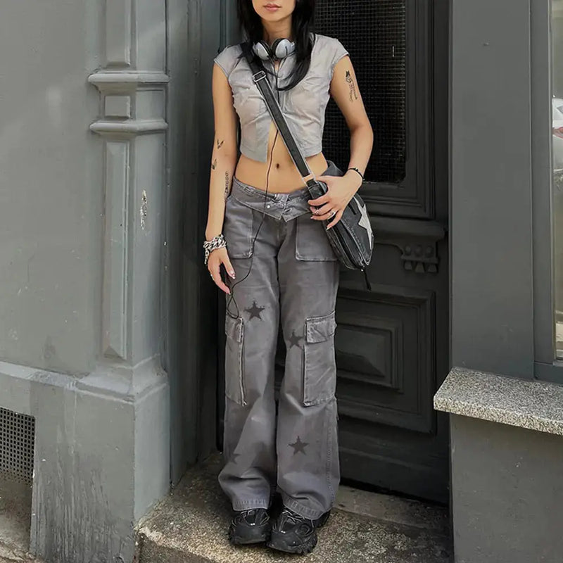 Street Retro Low Rise Denim Cargo Pants – view 3