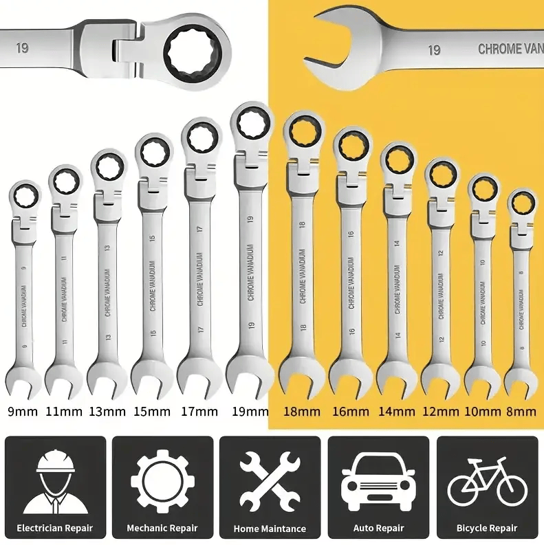 12Pc Metric Flexi Head Ratchet Spanner Wrench Set 8mm - 19mm Combination – view 4