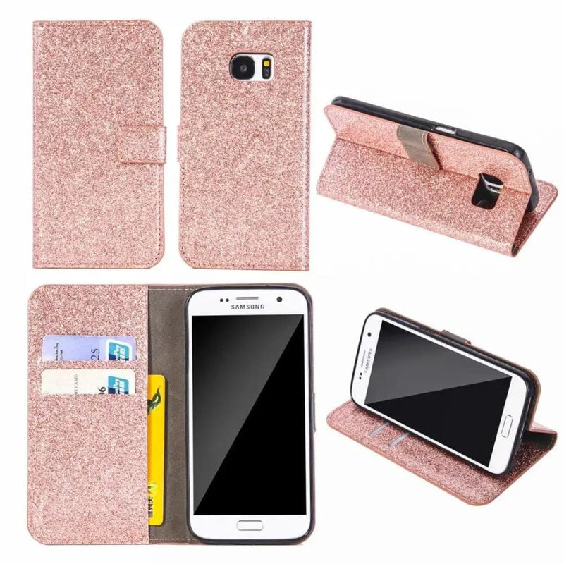 salelink.co.nz Unbranded Samsung S6 Edge Case Pink Glitter Leather Wallet Case Kickstand for S6 Edge