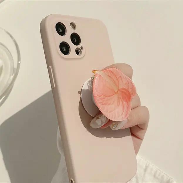 iPhone 13 Case Clear Liquid Silicone Pink Flower Phone Holder – view 4