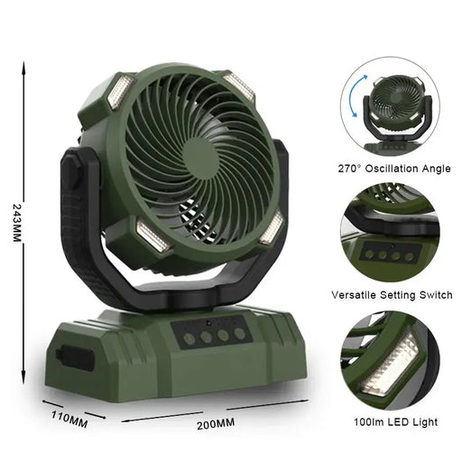 Outdoor Camping Fan with Power Bank and LED Light - Portable 3-Speed Fan – view 2
