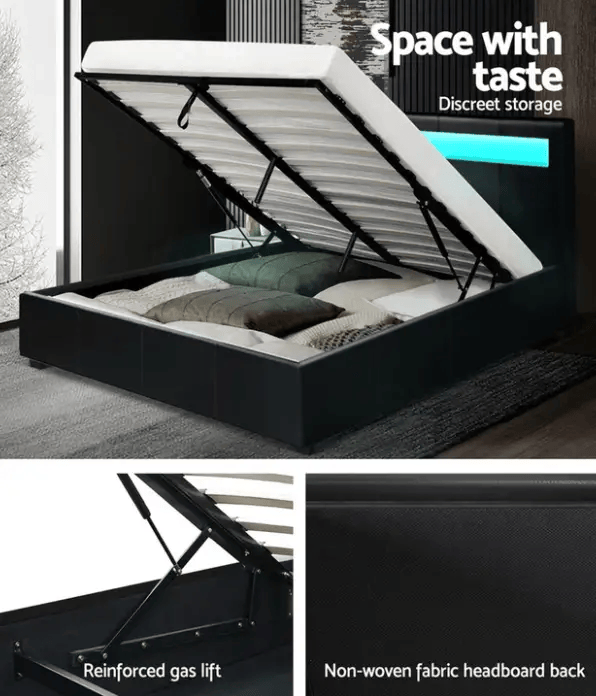 sue-e furniture Bed frames & bases Torby Bed Frame with storage and LED Light Black Double Torby Bed Frame with storage and LED Light Black Double