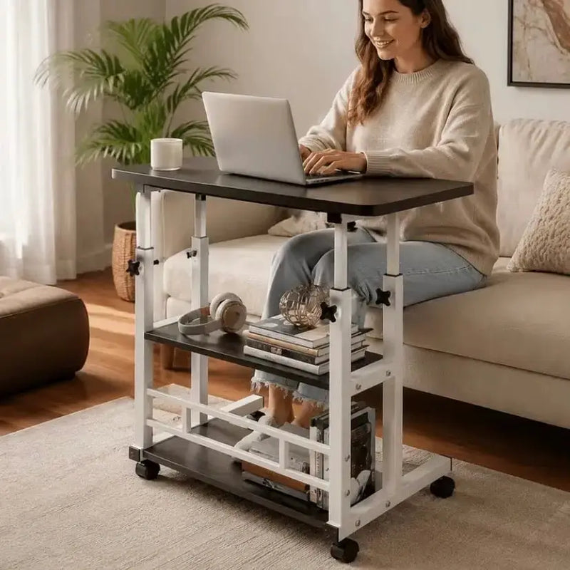 Adjustable Folding Desk with Storage Shelf & Wheels (Black & White) – view 2