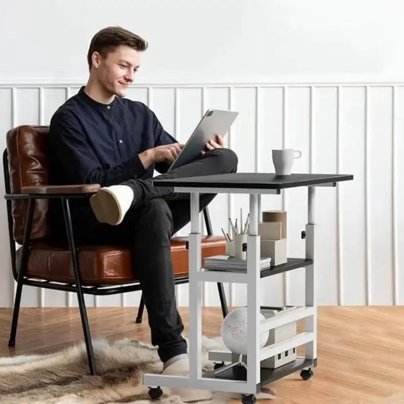 Adjustable Folding Desk with Storage Shelf & Wheels (Black & White) – view 11