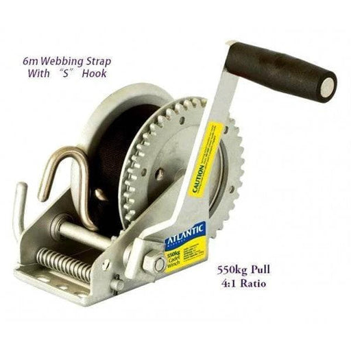 Atlantic Winch Small Trailer 550kg Four To One Gear Ratio With Web Strap For Outdoor Enthusiasts