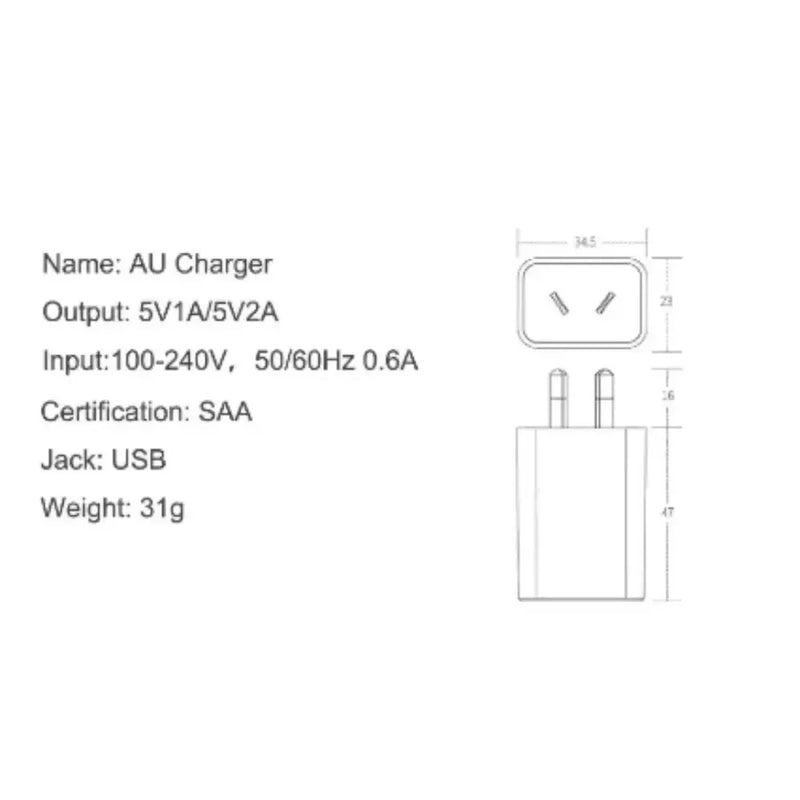 Habicare TWS AU Travel Adapter USB Charger 5V 1A/2A AU Travel Adapter USB Charger 5V 1A/2A