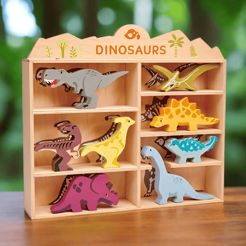 Curious Moonbeam Box Set Wooden Dinosaur Toy Set with Display Unit - Tender Leaf Toys Wooden Dinosaur Toy Set with Display Unit - Tender Leaf Toys
