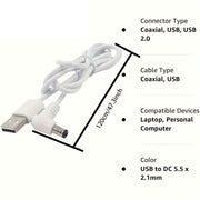 9eight5 Electronics Accessories Barrel Jack Power Cable (Elbow) - 5.5mm x 2.1mm charger (White) 1m Barrel Jack Power Cable (Elbow) - 5.5mm x 2.1mm charger (White) 1m