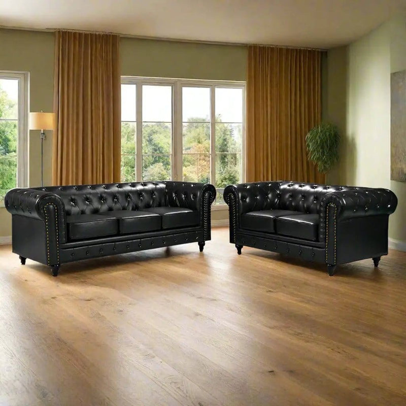 BroDeals Lounge Suite Boston Faux Leather Chesterfield Sofa Set - 3+2 - Black Boston Faux Leather Chesterfield Sofa Set - 3+2 - Black