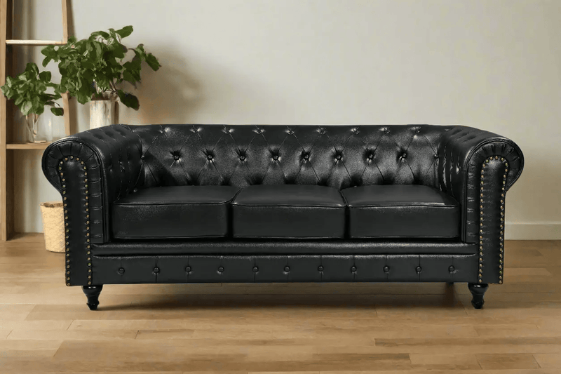BroDeals sofa Boston Faux Leather Chesterfield 3 Seater Sofa - Black Boston Faux Leather Chesterfield 3 Seater Sofa - Black
