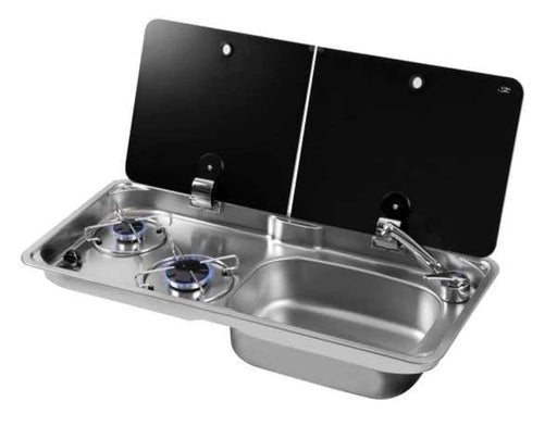 CAN 2 Burner Gas Hob And Right Hand Sink Combo With Mixer Tap For Caravans RVs Boats