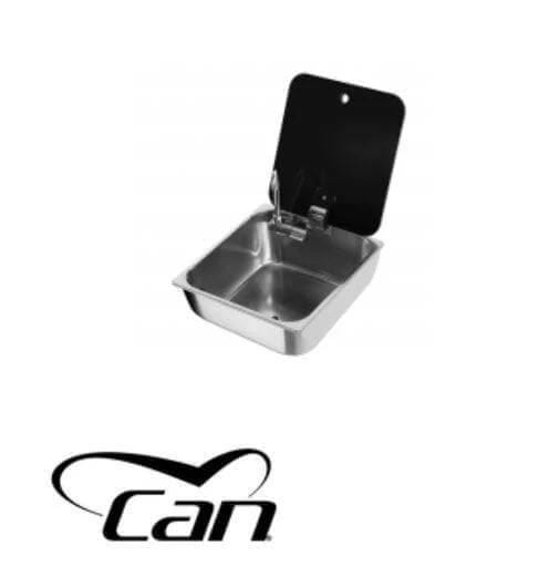 CAN Rectangular Sink With Tap And Glass Lid For Caravans And Motorhomes Space Saving Stainless Steel Wash Station