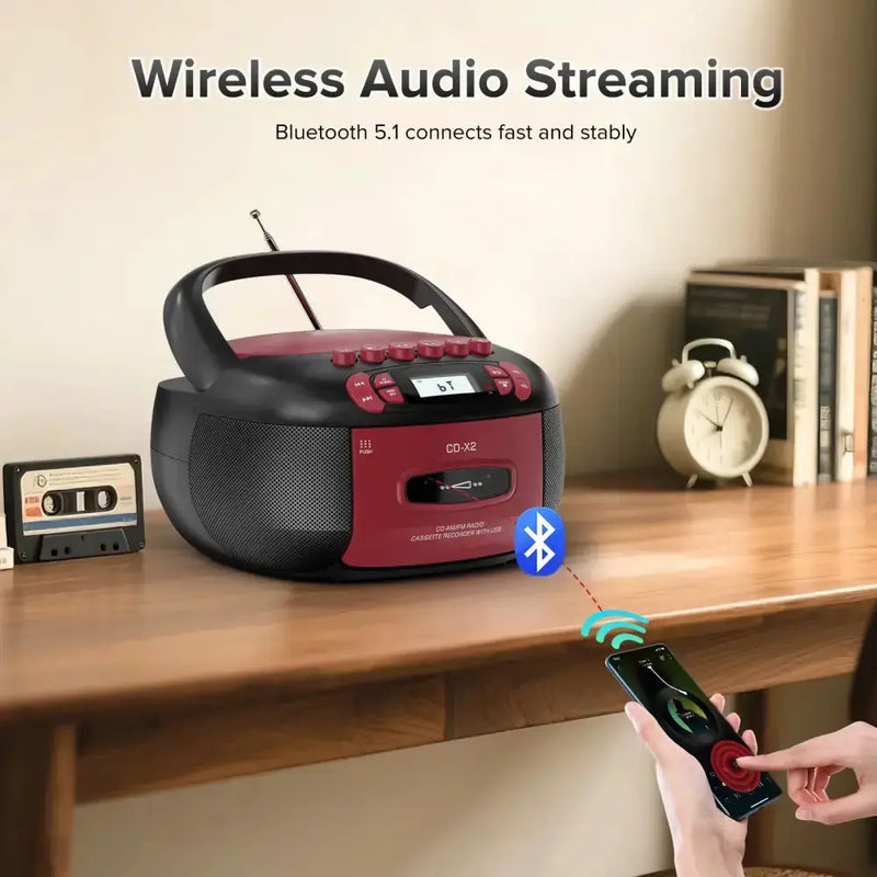 Habicare SS CD Cassette Boombox with Bluetooth & Radio (Red & Black) CD Cassette Boombox with Bluetooth & Radio (Red & Black)