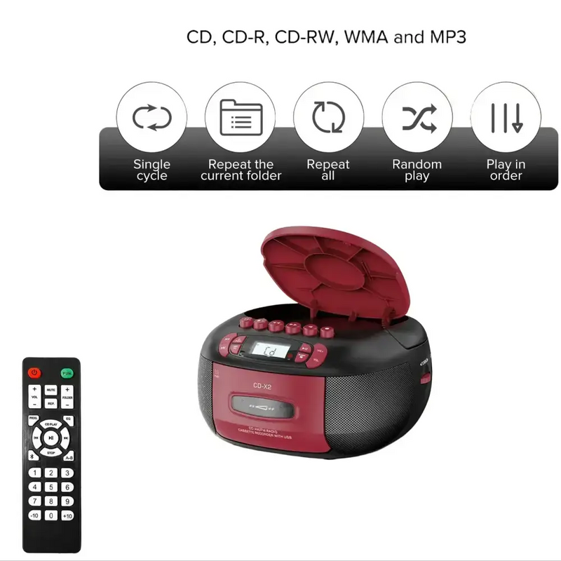 Habicare SS CD Cassette Boombox with Bluetooth & Radio (Red & Black) CD Cassette Boombox with Bluetooth & Radio (Red & Black)