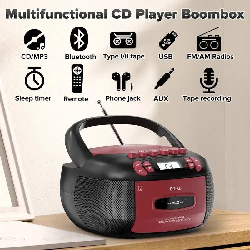Habicare SS CD Cassette Boombox with Bluetooth & Radio (Red & Black) CD Cassette Boombox with Bluetooth & Radio (Red & Black)