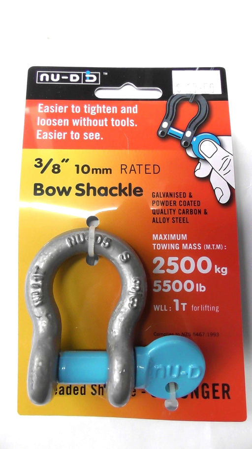 NU-D Bow Shackle 10mm Galvanised 1000Kg WLL Easy Open Heavy Duty Tool Free Marine Rigging