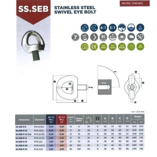 Codipro Premium Stainless AISI 316 SEB Swivel Eye Bolt 360 Degree EN1677 1.5T WLL For Rigging Luxembourg Made – view 2