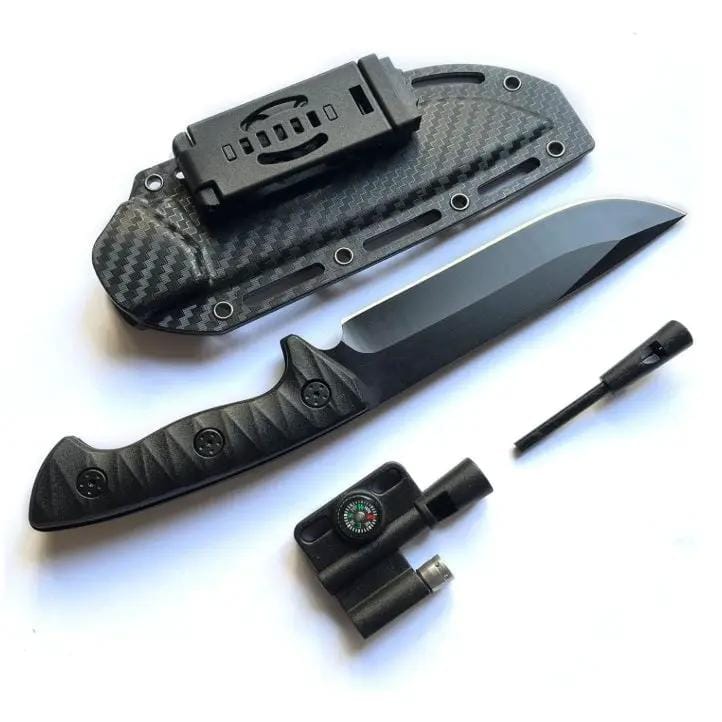 Fixed Blade Knife with Kydex Sheath for Carries with Fire Starter, Compass, Whistle by g8buynz