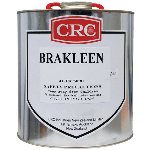 CRC Brakleen Brake Cleaner Original 4L can, highlighting safety precautions and product details.