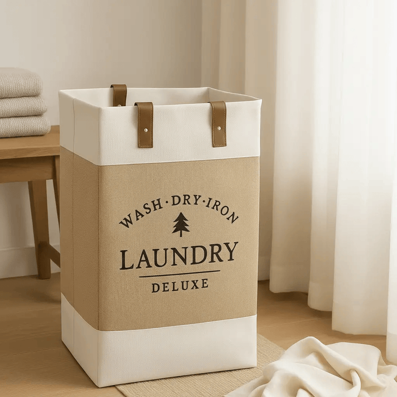 Frankly Cotton Deluxe Linen Look Laundry Hamper With Faux Leather Handles – view 2