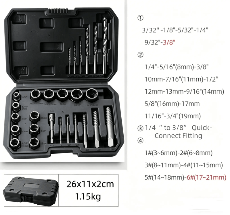 salelink.co.nz Unbranded 26PCS Easy Out Stripped Screw Remover Socket Set Tool 26 Piece Easy Out Screw Extractor Set Kit