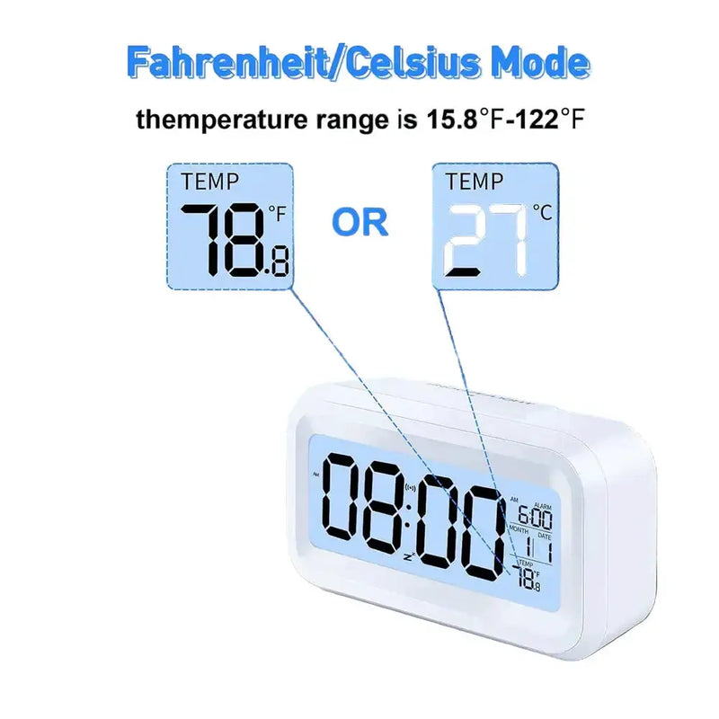 Digital Alarm Clock – Battery Operated with Indoor Temperature & Light Sensor Backlight (3 colors available) – view 5