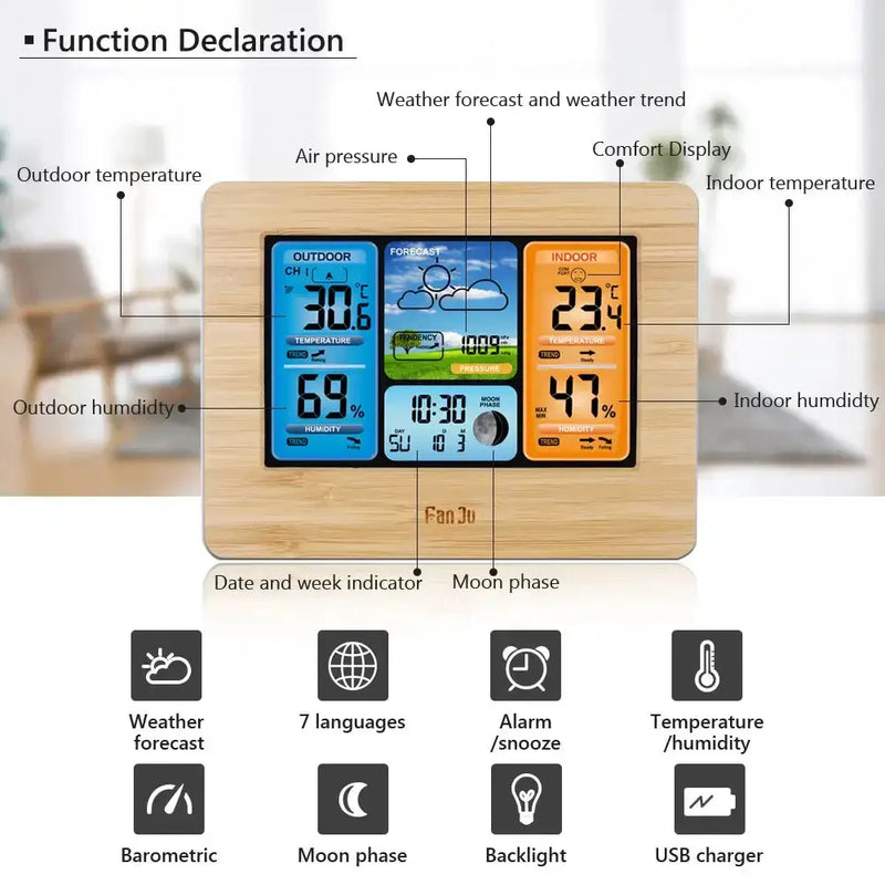 Digital Indoor-Outdoor Weather Station with Clock & Wireless Sensor (2 colours available) – view 2