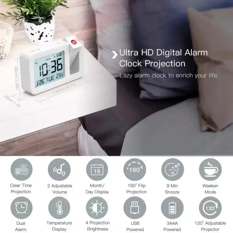 Digital Projection Alarm Clock – Rechargeable LED with USB Charger (Black & White) – view 2