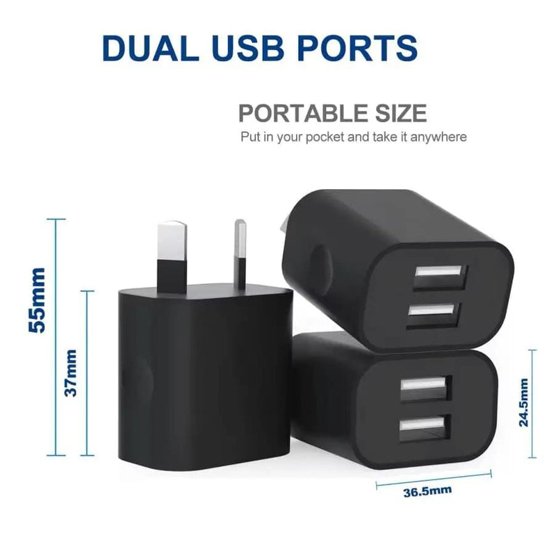 Dual USB Power Adapter Wall Plug (NZ / AUS) (Black) – view 7