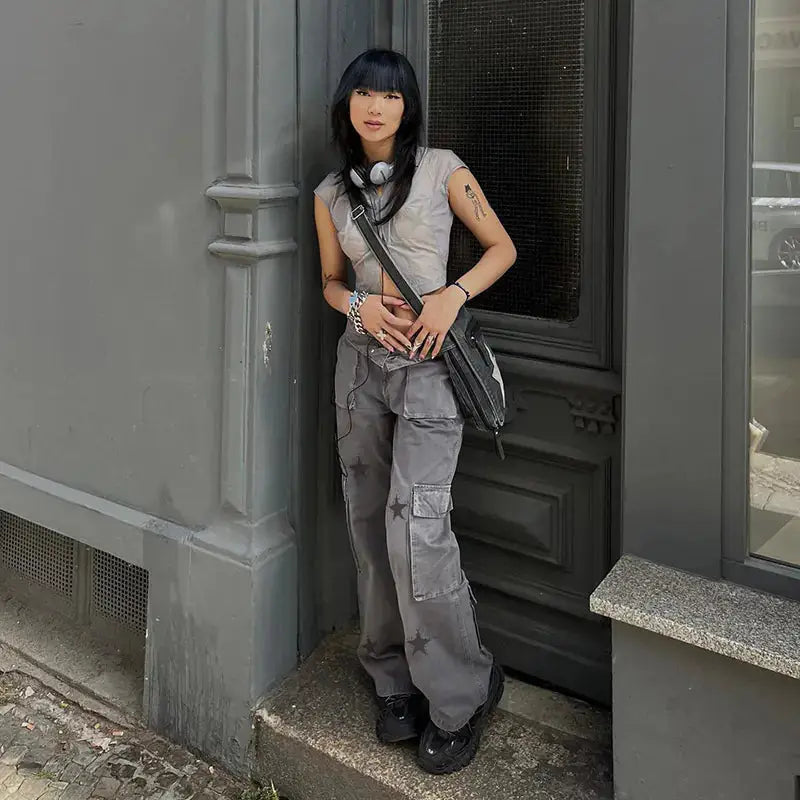 Street Retro Low Rise Denim Cargo Pants – view 2