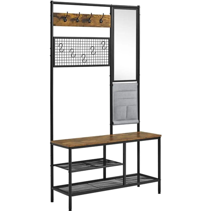 Six-in-one Hall Tree with Shoe Storage Bench/ Mirror/ Storage Bag/ Coat Rack – view 1