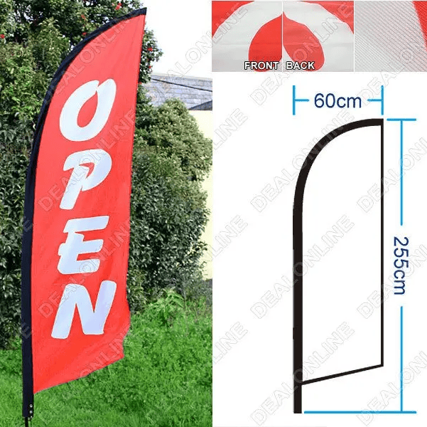 dealonline.co.nz dealonlinenz ‘OPEN’ 3.4M Doublesided Flag with Ground Drill Open 3.4M Double Sided Feather Banner Flag