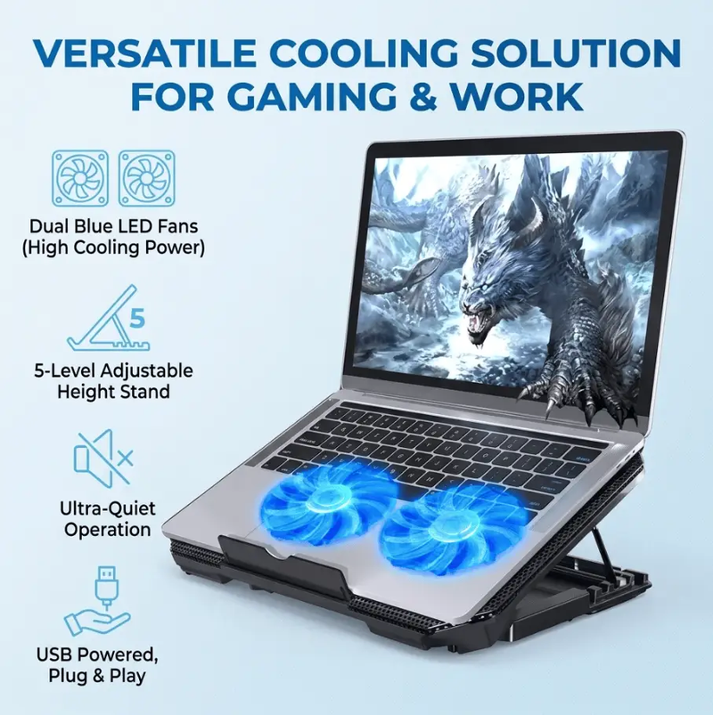Gaming Laptop Cooling Pad with Dual Silent Fans & Adjustable Height – view 3