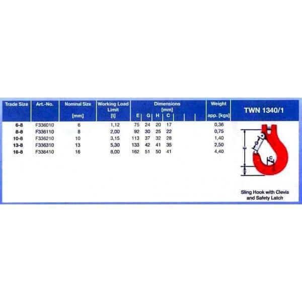 HES NZ LTD Sling Hook Sling Hook - Thiele TWN 1340 Clevis 16mm 8T Sling Hook Thiele TWN 1340 Clevis 16mm 8T