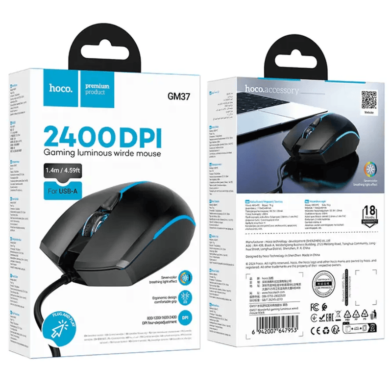 techplus Hoco GM37 RGB Wired Gaming Mouse 2400 DPI NZ Hoco GM37 RGB Wired Gaming Mouse 2400 DPI