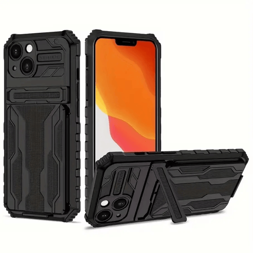 iPhone 15 Heavy Duty Shockproof Case With Card Holder & Kickstand (Black) – view 1