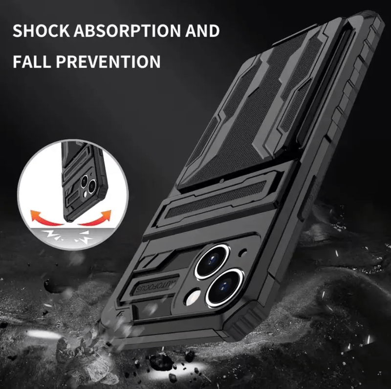 iPhone 15 Heavy Duty Shockproof Case With Card Holder & Kickstand (Black) – view 4