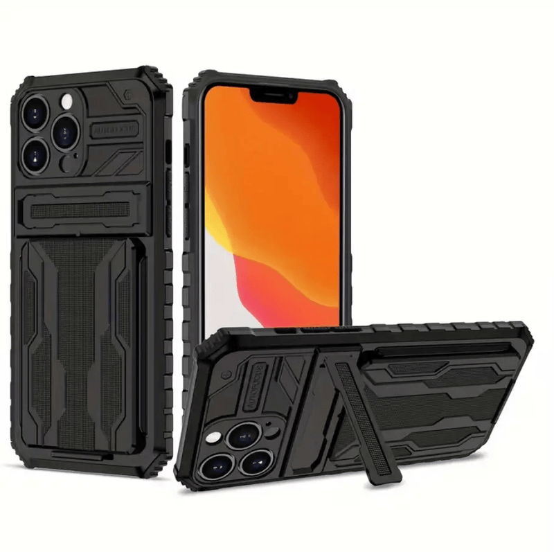 iPhone 15 Pro Max Heavy Duty Shockproof case With Card Holder & Kickstand (Black) – view 1