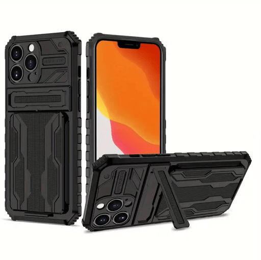 iPhone 15 Pro Max Heavy Duty Shockproof case With Card Holder & Kickstand (Black) – view 1