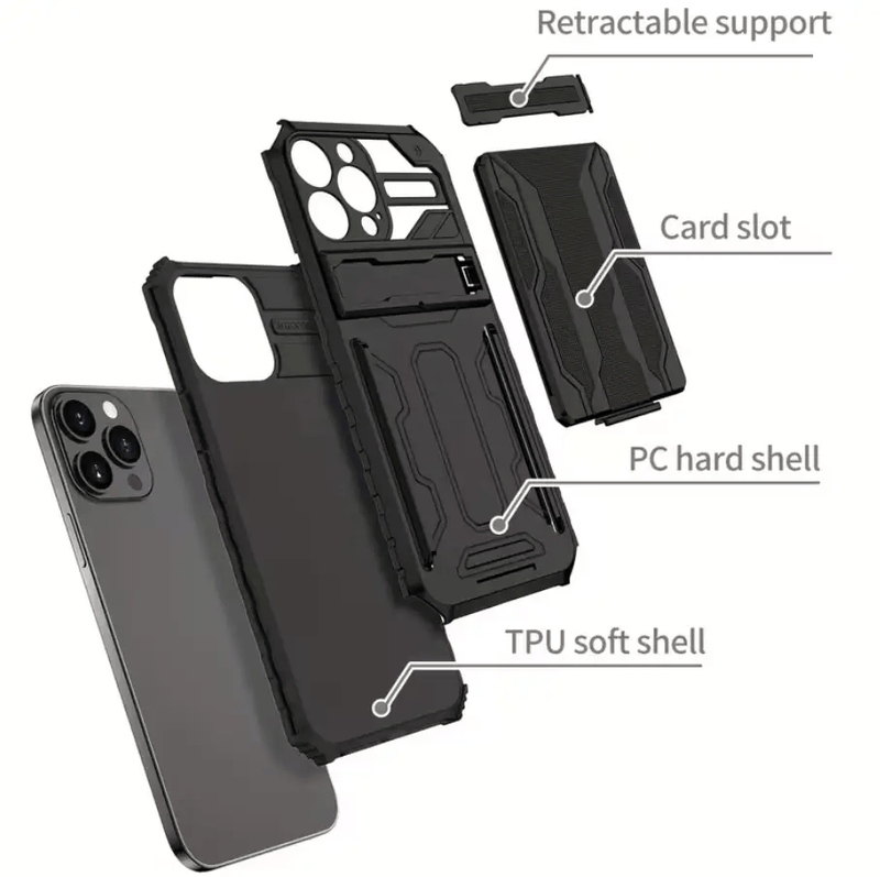 iPhone 15 Pro Max Heavy Duty Shockproof case With Card Holder & Kickstand (Black) – view 6