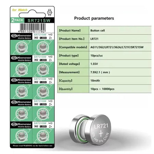 Watch Batteries for Koonenda 362 / 361 / SR721SW / AG11 (10 Pack) – view 2
