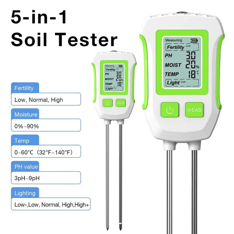 LCD 3/5-in-1 Handheld Soil Tester for pH, Moisture & Light (different colours & sets available) – view 8