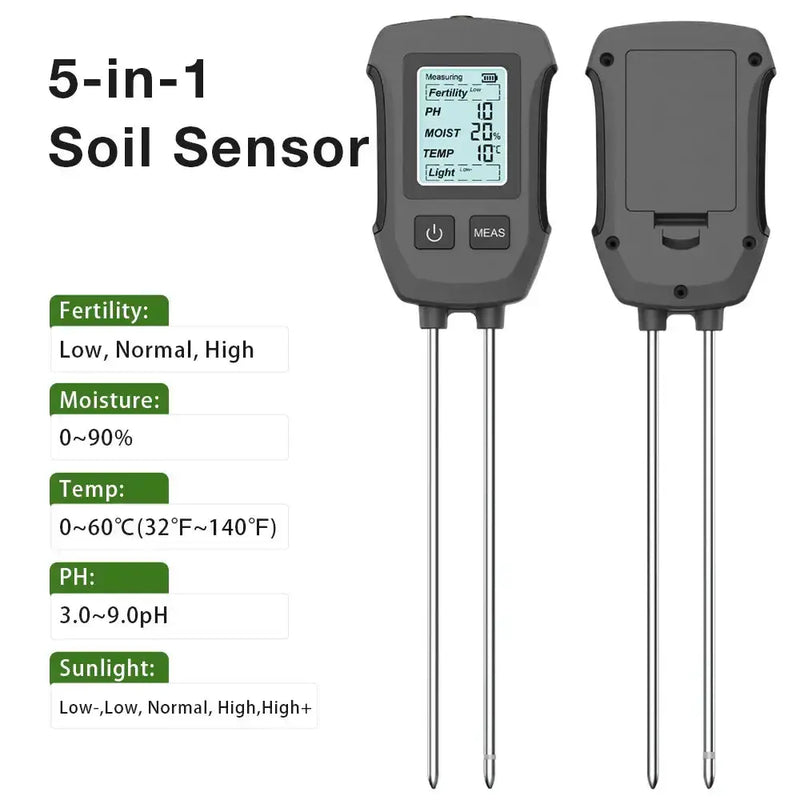 LCD 3/5-in-1 Handheld Soil Tester for pH, Moisture & Light (different colours & sets available) – view 7