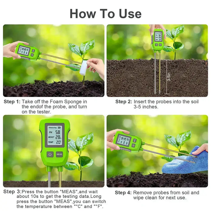 LCD 3/5-in-1 Handheld Soil Tester for pH, Moisture & Light (different colours & sets available) – view 18