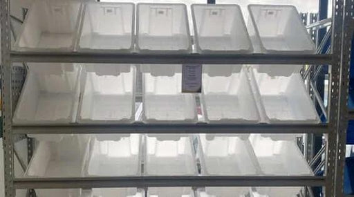 Longspan Shelving With Bins By Actionoutdoors-East For Workshops And Garages 20 52L Heavy-Duty White Bins