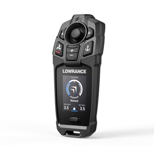 Lowrance RECON Saltwater 60" Trolling Motor joystick remote control with display integration.